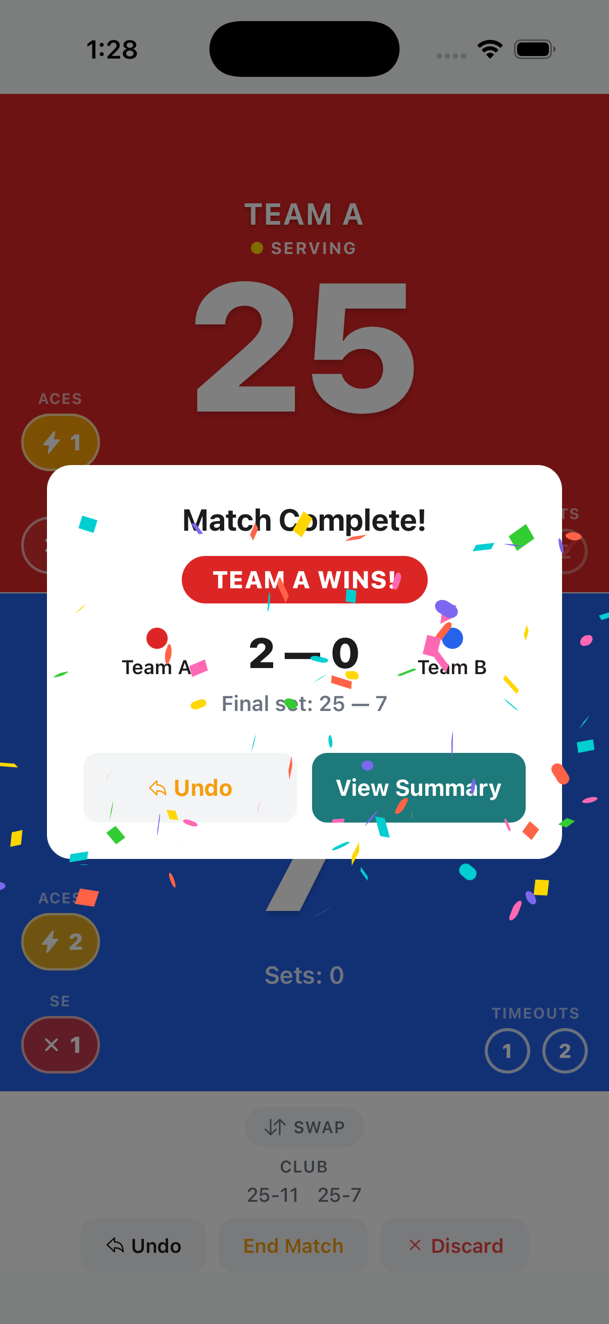 Match Complete celebration showing 2-0 score with Undo and View Summary options