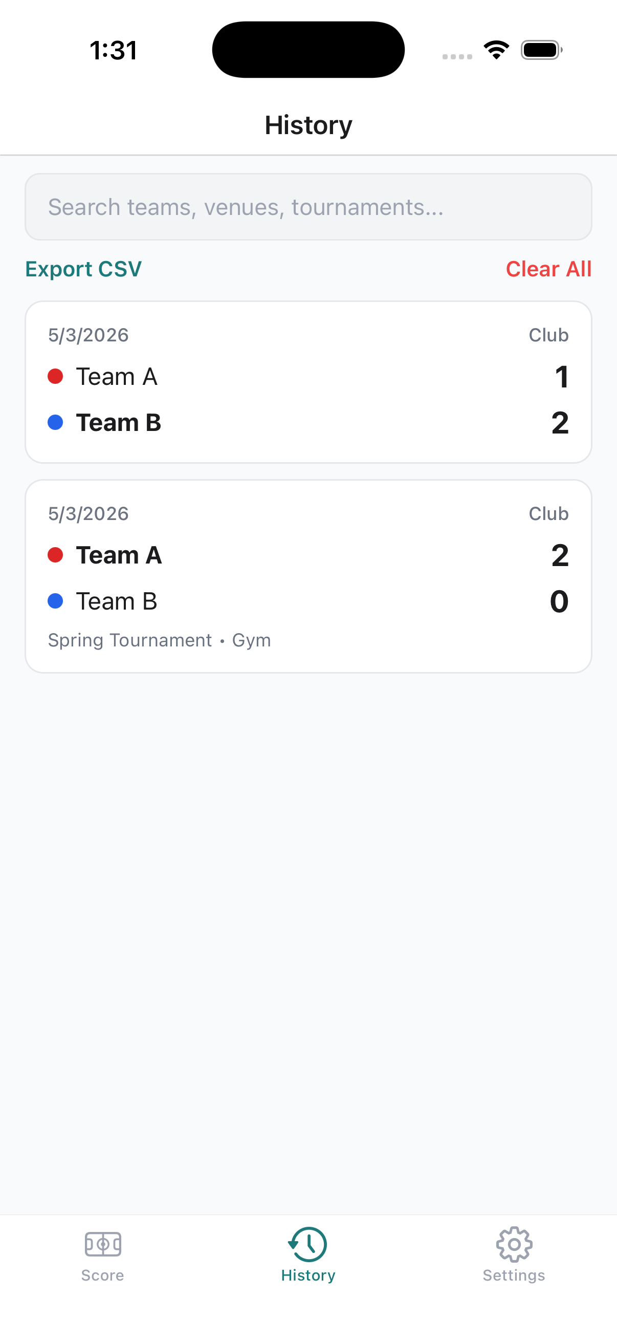 Match History screen with searchable list and CSV export